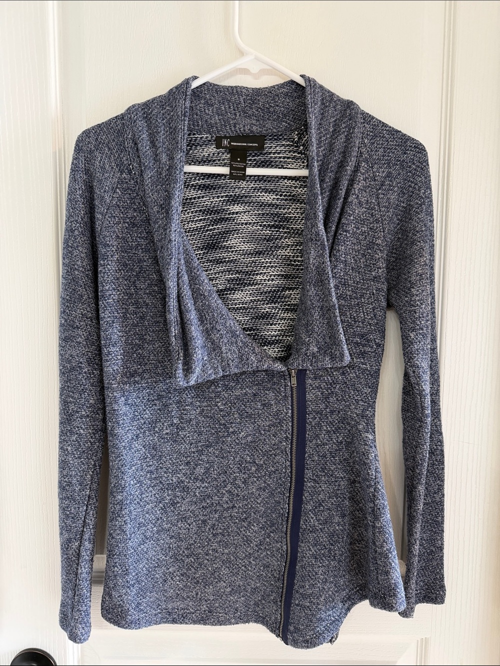 INC International Concepts Navy Marled Zip-Front Draped Cardigan
